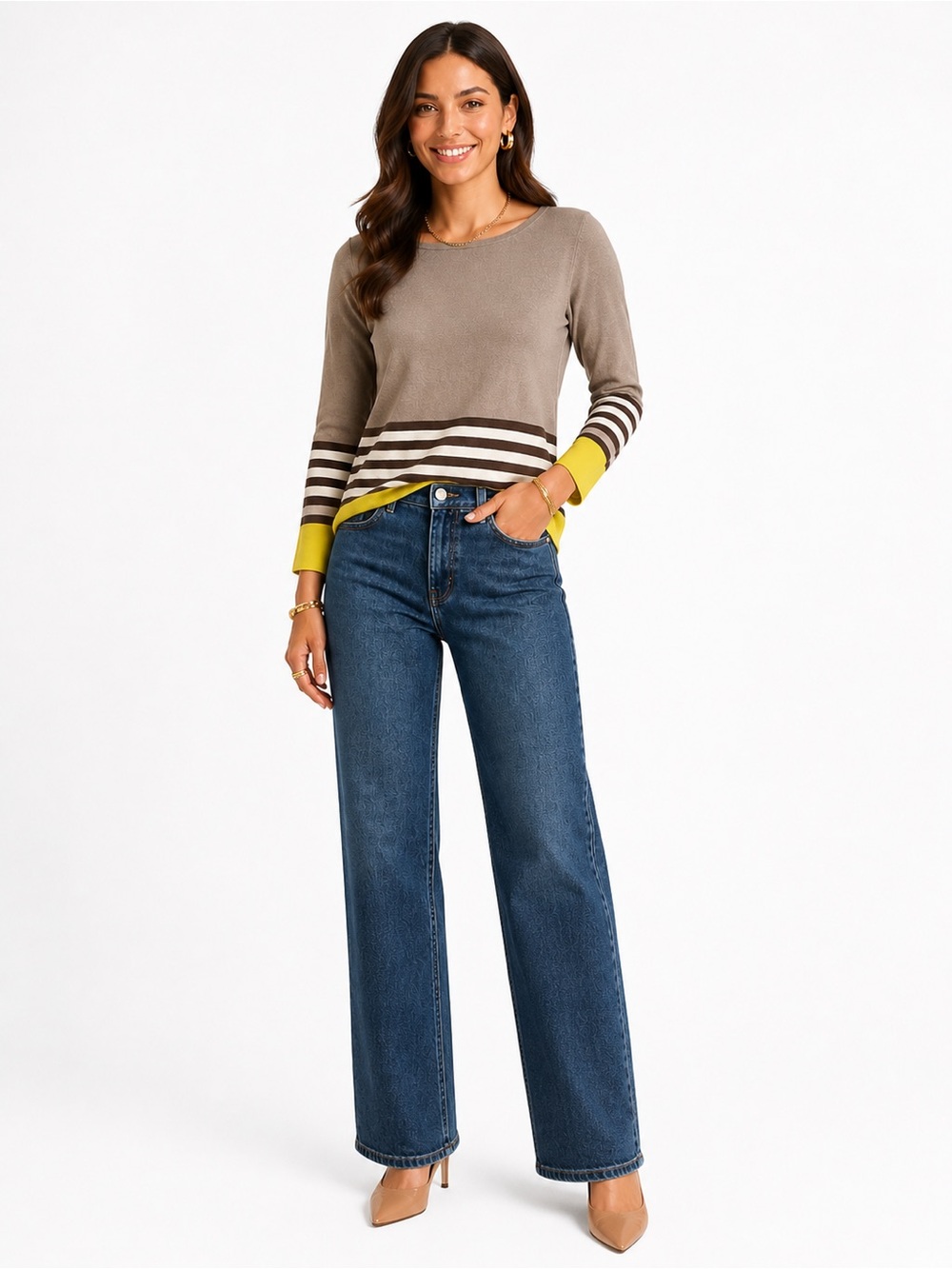 Outback Red Taupe Scoop-Neck Sweater with Yellow Stripe Trim